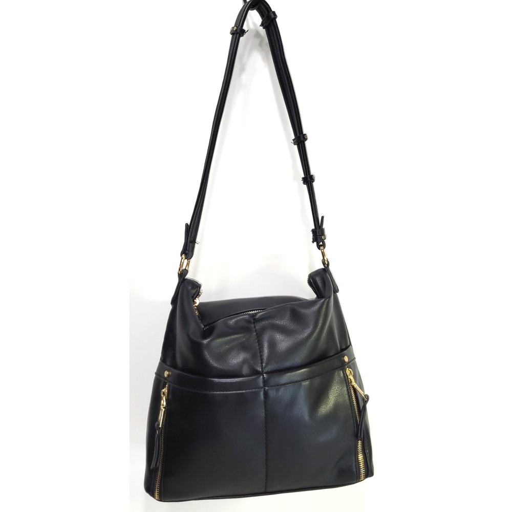 Miztique Lg Hobo Bag Adjust Handle Black Supple Faux Vegan Leather Gold Accents